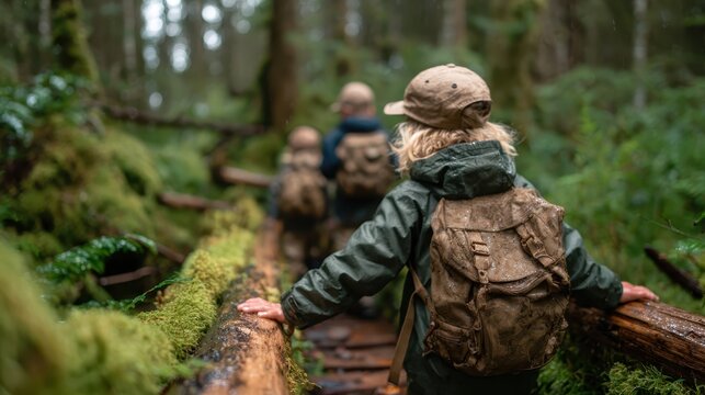 A captivating image of adventurous children hiking through a lush green forest path, showcasing the joy of exploration and connection with nature amidst serene surroundings.