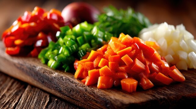 A colorful assortment of freshly chopped vegetables arranged on a rustic wooden cutting board, ideal for culinary arts, healthy lifestyle, and vibrant meal preparations.