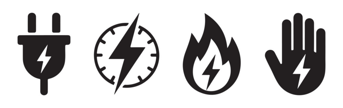 Set of black flat electricity safety symbols and warning icons for design in professional projects.
