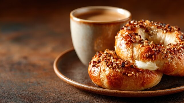 A tempting display of two crunchy bagels topped with nuts, paired with a warm cup of coffee, capturing the essence of comfort food in a cozy setting.