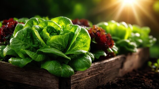 Lush green lettuce flourishing in a wooden planter, bathed in warm sunlight. This image captures the beauty of nature, fresh produce, and the essence of home gardening.