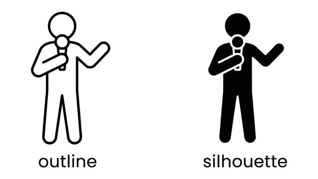 Microphone Presentation Outline and Silhouette: Two simple iconographic figures, one in outline and the other as a solid silhouette, both holding a microphone and appearing to present or speak.