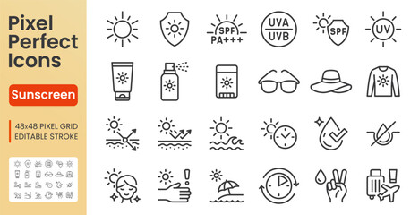 Fototapeta na wymiar Sun protection line icon set. Sunscreen spray, UV light, summer travel, sunblock cream, chemical filter linear minimal vector illustration. Simple outline signs. 48x48 Pixel Perfect. Editable Stroke