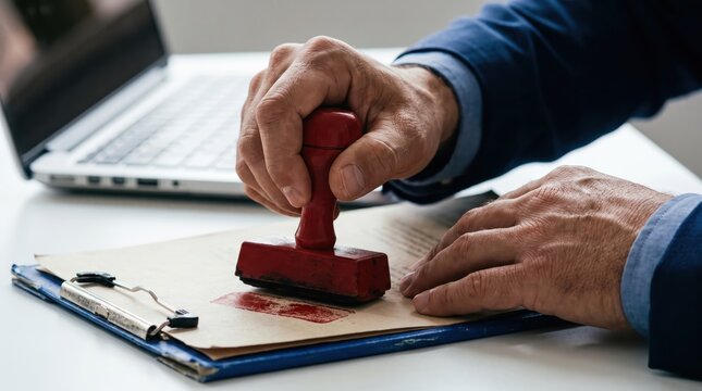 Close up of hands stamping document on clipboard at desk with laptop nearby, showing official approval process and business paperwork being validated and sealed