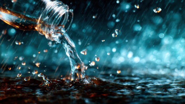 This image captures water flowing from a bottle with droplets suspended in the air, set against a vibrant, moody backdrop highlighting motion and fluidity.