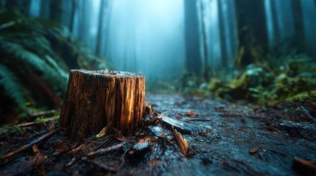 A solitary tree stump stands amidst a misty forest, shrouded in fog, highlighting the beauty of nature&rsquo;s decay and the quiet solitude of the woodland atmosphere.