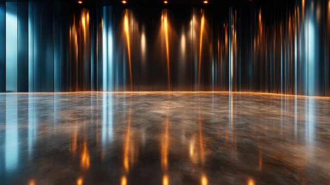 A stylish artistic studio space illuminated by dramatic lighting, showcasing a sleek floor and reflective surfaces that inspire creativity and innovation in art.