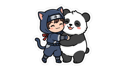 Cute Ninja Cat Hugging Panda