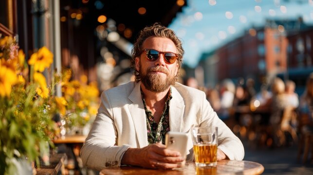 A stylish man with a beard and sunglasses sits at an outdoor caf&eacute;, savoring a cold beer while surrounded by a lively atmosphere of joy and leisure on a sunny day.