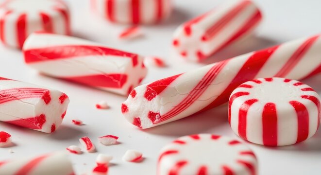 Close-up macro shot of traditional red and white striped peppermint candies scattered on a white surface, sweet treats for holidays