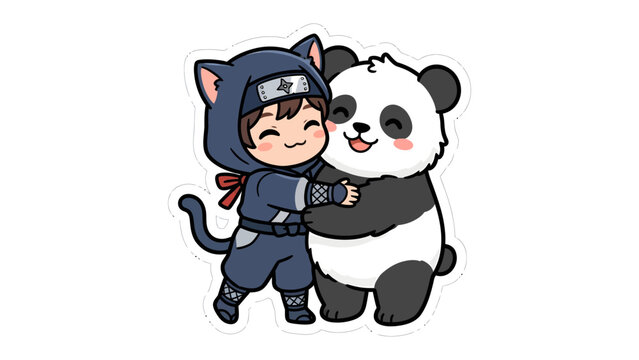 Cute Ninja Cat Hugging Panda
