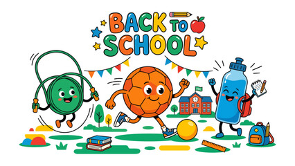 Fototapeta premium Back To School Fun: A vibrant illustration depicts anthropomorphic school supplies, including a jump rope, soccer ball, and water bottle.