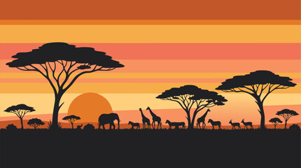 Obraz premium African Wildlife Walking at Sunset Pixel Art Landscape Illustration Silhouette View