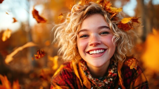 A vibrant young woman with curly hair joyfully plays in a shower of colorful autumn leaves, epitomizing the beauty and spirit of the fall season.