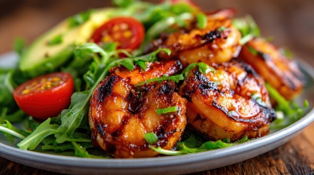A delicious plate of grilled shrimp salad adorned with fresh greens and cherry tomatoes, showcasing colors and textures that create a mouth-watering culinary experience.