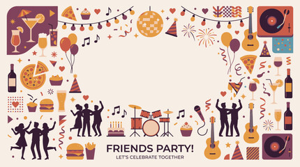 Fototapeta premium Vibrant party celebration border with dancing silhouettes and snacks.