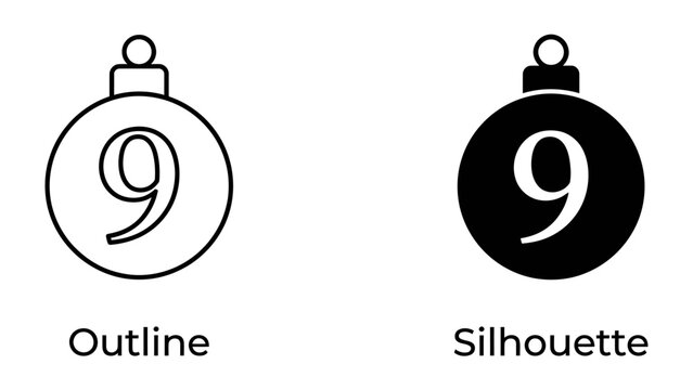 Christmas Ornament Number 9: Two minimalist representations of a Christmas ornament, one as a simple outline and the other as a solid silhouette, both featuring the numeral '9'.