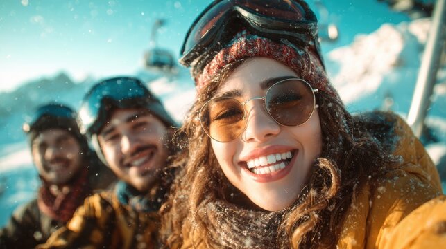 A cheerful group capturing the essence of winter sports, smiling and enjoying the cold weather while riding a ski lift, showcasing friendship and adventure in nature.