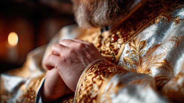 A close-up shot of a richly embellished garment contrasting against softly lit, blurred background, featuring clasped hands in prayer, symbolizing reverence and tradition.