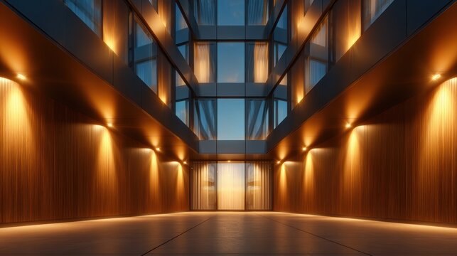 A contemporary architectural design showcasing warm ambient lighting and elegant materials, presenting a harmonious blend of modernity and tranquility within a spacious environment.