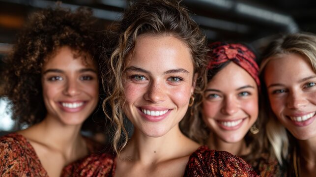 Four joyful women posing together in vibrant, earth-toned outfits with big smiles, creating a lively, positive atmosphere that radiates friendship and happiness.