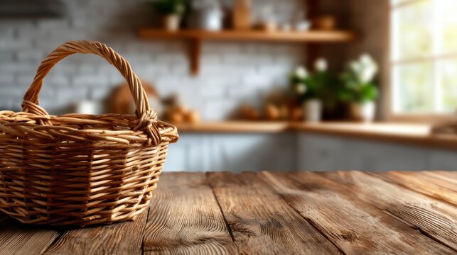 A beautifully crafted woven basket placed on a rustic wooden table, capturing the warmth and inviting atmosphere of a cozy kitchen, rich in texture and homey aesthetics.