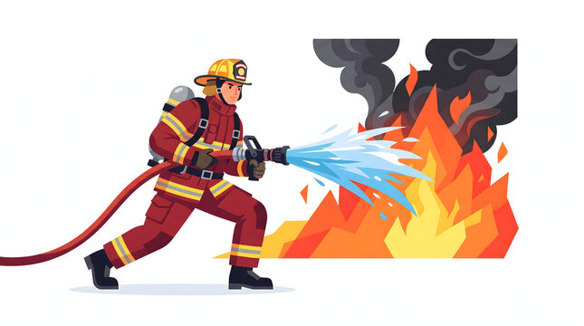 Brave firefighter extinguishing a blazing fire with a high-pressure water hose in an emergency rescue operation