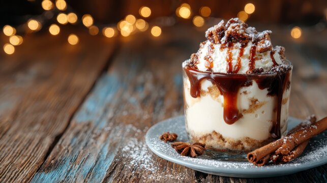 A beautifully presented dessert featuring creamy layers and a rich chocolate drizzle, showcasing indulgence and delight in a cozy, inviting setting for any sweet lover.
