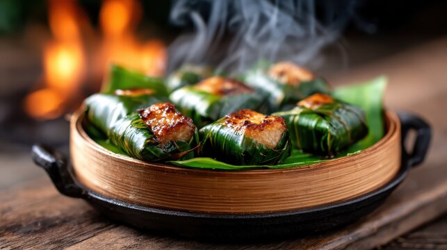 A bamboo steamer holds delicious grilled delicacies, beautifully presented with smoke wafting up, promising an excitement for the taste buds and a feast for the senses.