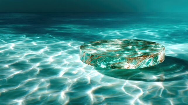 A pristine circular object floats serenely on the surface of crystal clear water, reflecting beautiful light patterns, evoking tranquility, calmness, and abstract artistry.