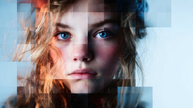 A captivating piece featuring a fragmented face of a young woman with striking blue eyes, symbolizing the complexity of identity and human emotions in art.