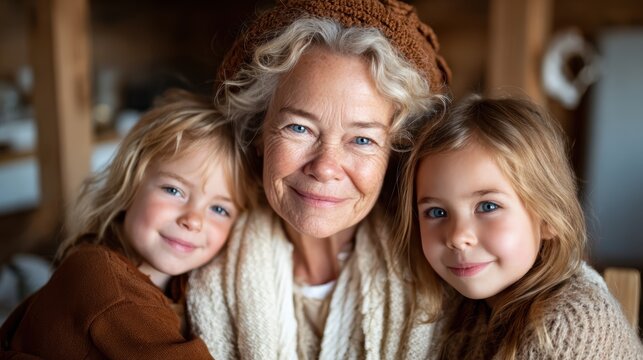A loving grandmother embraces her two granddaughters in a warm and cozy atmosphere, highlighting the bond of family and the joy of shared moments together.