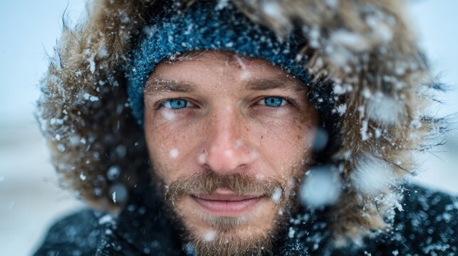 A captivating portrait of a man in a snowy landscape, featuring striking blue eyes and a patterned hood, capturing raw emotions of winter's chill and beauty in nature.