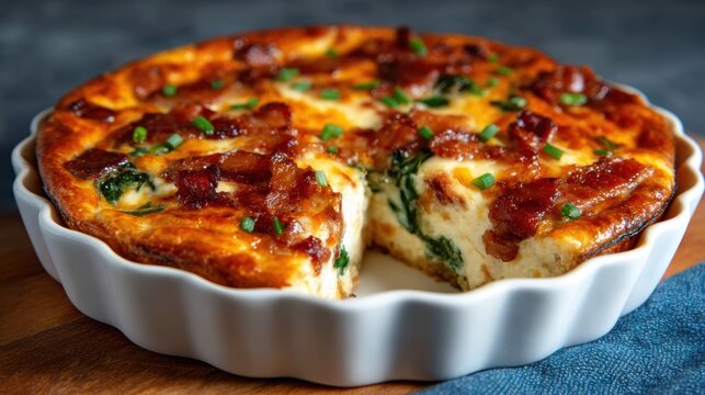 This delightful spinach quiche topped with crispy bacon showcases a perfect blend of flavors, ideal for breakfast or brunch gatherings with family and friends.