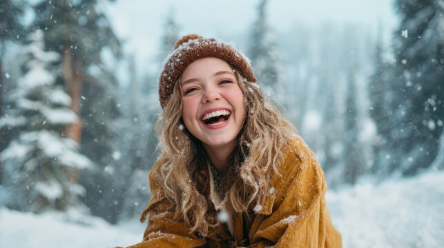 A joyful woman laughs in a snowy landscape, embodying the enchanting spirit of winter with her vibrant outfit against a backdrop of frosty trees and falling snowflakes.