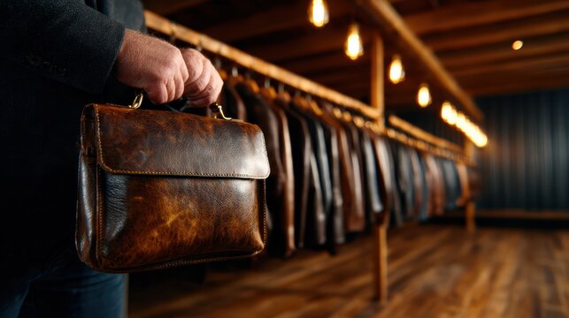 A well-crafted leather handbag is presented in an elegant boutique, showcasing exquisite craftsmanship and style, appealing to fashion lovers seeking quality and sophistication.
