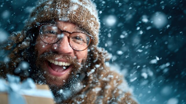 A joyful man with a beard enjoying a snowy winter day, exuding happiness and holiday spirit, perfect for capturing emotions associated with winter festivities and cheer.