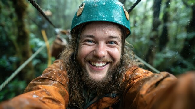 An enthusiastic adventurer smiling in a lush rainforest, showcasing the joy of exploration amidst nature's beauty and the spirit of adventure for outdoor and travel themes.