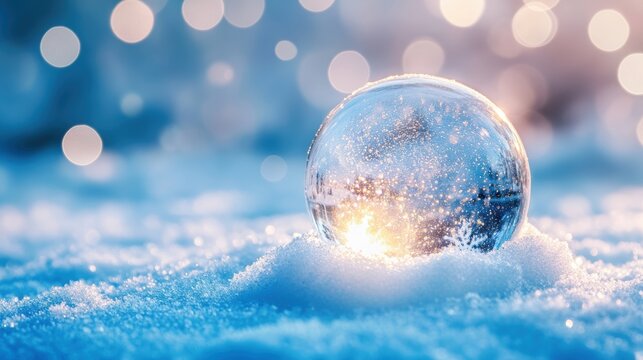 Christmas tree in Glass snow globe on red background, Christmas decorative design with white snowdrift,snowflakes,glow garland,3d decorative garland glow.Xmas Decorations,Vector illustration.