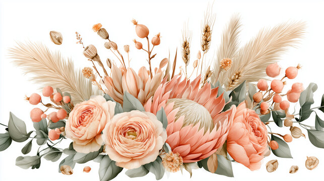 Beautiful Watercolor Floral Arrangement with Protea Rose and Dried Grasses Isolated on White Background for Wedding Invitation Card Design and Elegant Botanical Decorative Compositions