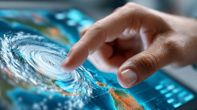 Disaster Tech and Tecnology concept ,Finger touching storm tracking hologram map on digital screen with weather data