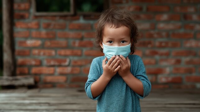 A child wearing a face mask in a rustic urban setting, evoking a sense of curiosity and concern about health, safety, and the unique challenges of today&rsquo;s world.