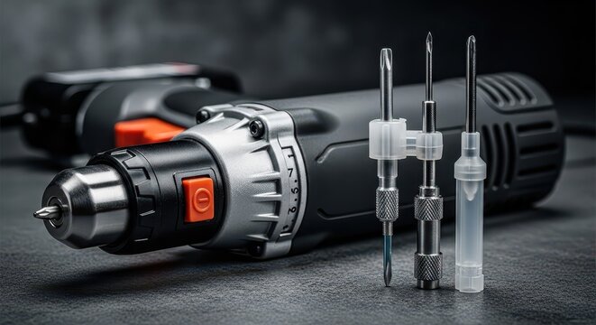 Close-up of a compact electric screwdriver with various screwdriver bits on a dark textured surface