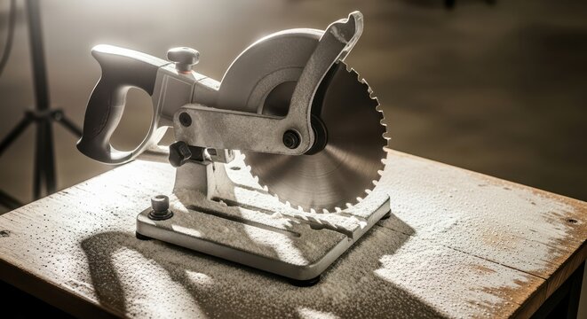 Close-up of a compact metal cutting saw with a sharp blade on a dusty wooden surface, ready for woodworking projects.
