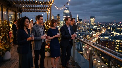 Obraz premium Group of mixed gender professionals socializing and toasting on rooftop terrace with city skyline at dusk; evening urban networking event with relaxed festive mood