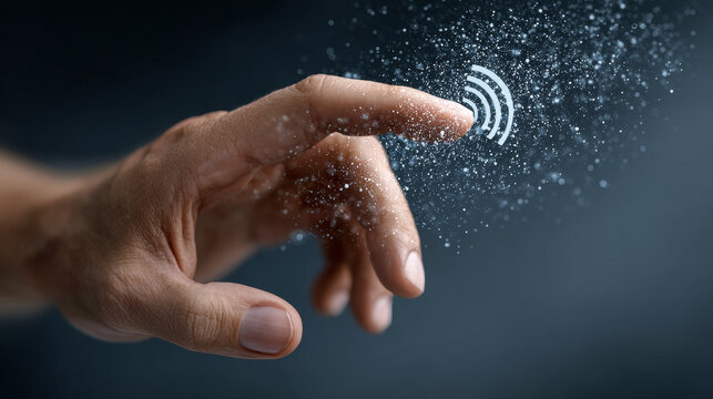 Cybersecurity and Data Privacy concept ,Hand touching wireless signal icon with particles, symbolizing Bluetooth control