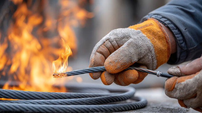 Disaster Tech and Tecnology concept ,Hand inspecting fire resistant sensor cable with flame for early warning safety system