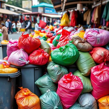Colorful bags overflowing from waste bins at a bustling outdoor market, green, spaces