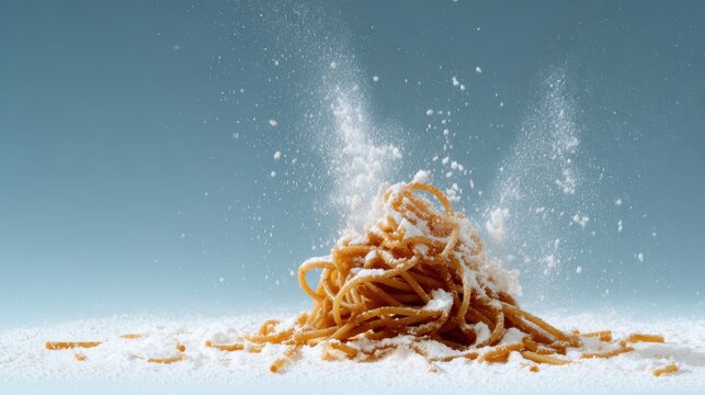 A creatively arranged pile of spaghetti topped with a generous dusting of white sugar, showcasing an artistic food presentation that intrigues the viewer.