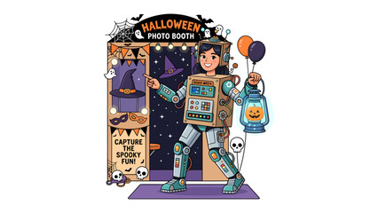 Fototapeta premium Halloween robot costume in photo booth: A person dressed as a robot for Halloween poses in a festive photo booth, holding a lantern and balloons. The booth is decorated with spooky Halloween themes.